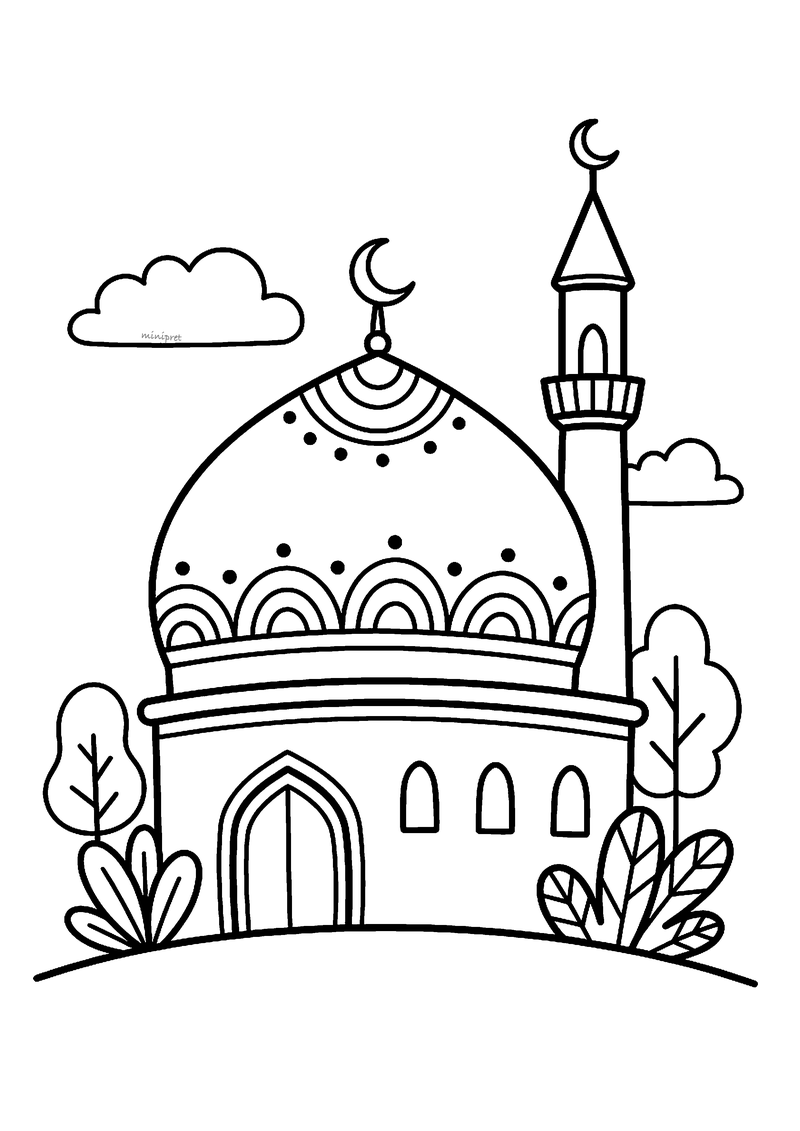 Moskee met koepel en minaret kleurplaat