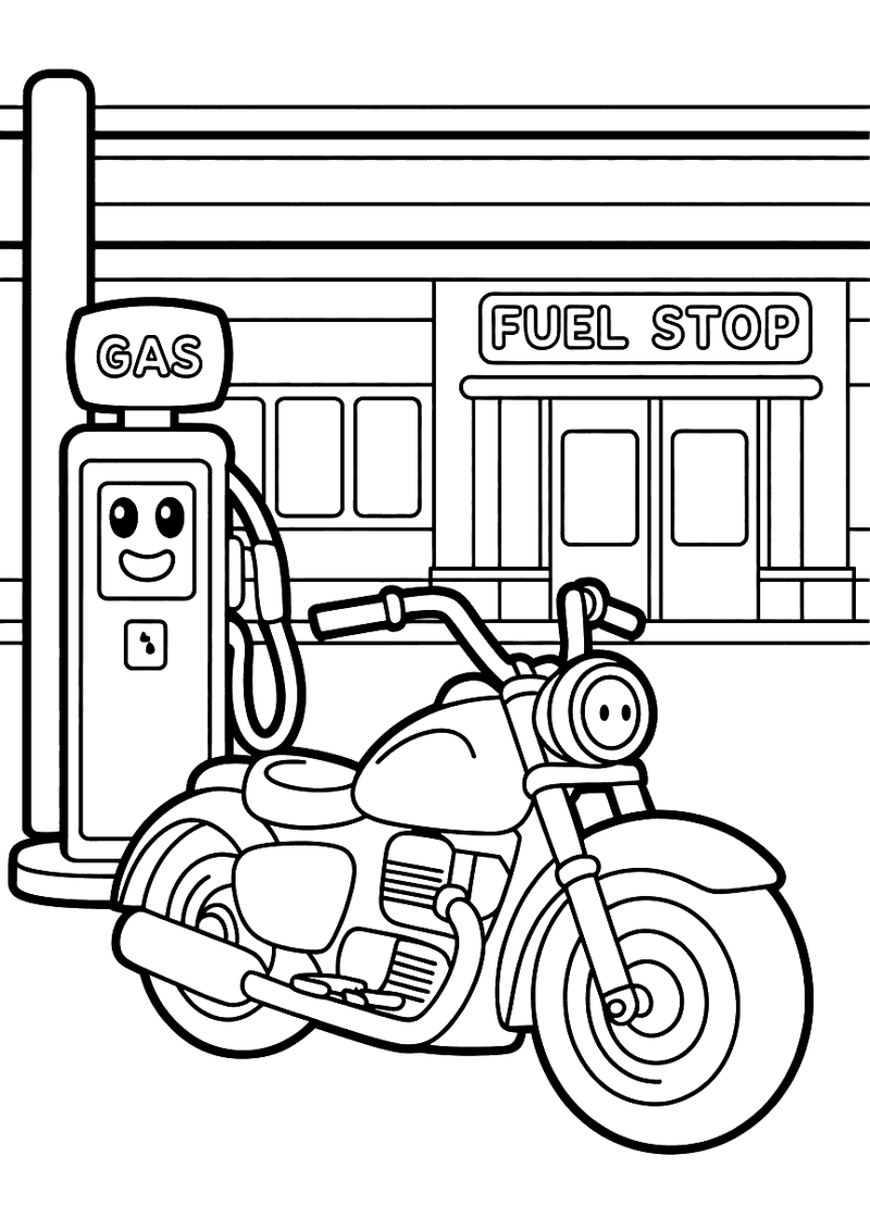 Motor tankt bij het benzinestation kleurplaat — gratis kleurplaat printen