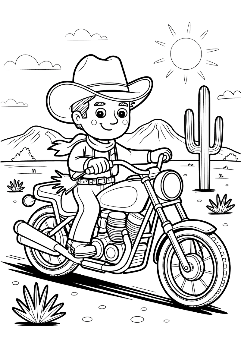 Cowboy rijdt motor door de woestijn kleurplaat — gratis kleurplaat printen