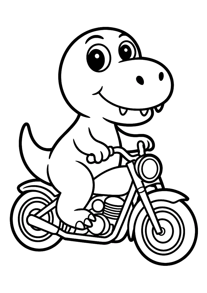 Kleurplaat van een schattige lachende T-Rex dinosaurus die op een kleine motor rijdt met zijn kleine armpjes aan het stu