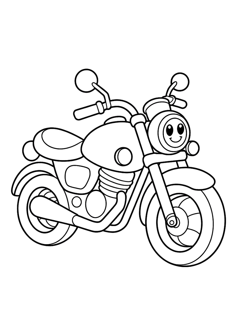 Kleurplaat van een schattige eenvoudige motor met een lachend gezichtje op de koplamp, dikke lijnen en ronde vormen voor