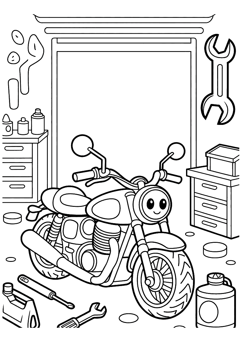 Kleurplaat van een motor met lachend gezichtje in een garage omringd door gereedschap zoals sleutels, schroevendraaiers,