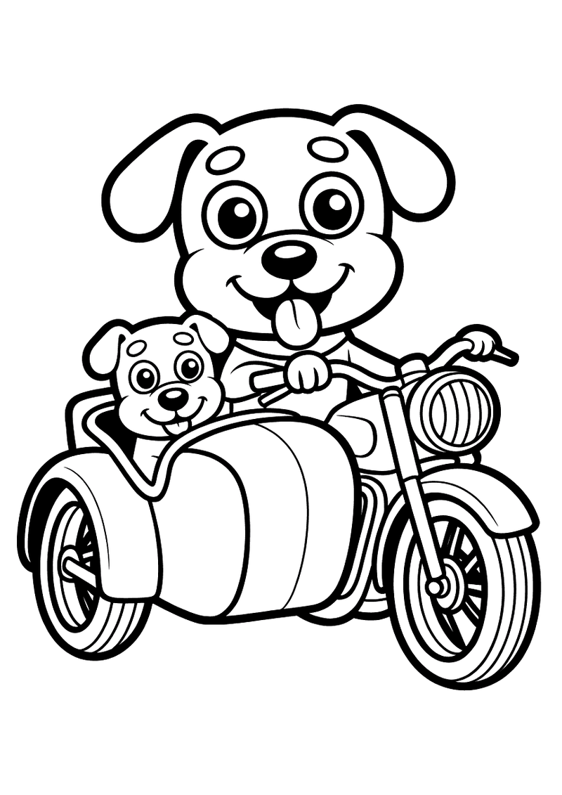 Kleurplaat van een grote lachende hond die een motor bestuurt met een kleine puppy in het zijspan ernaast