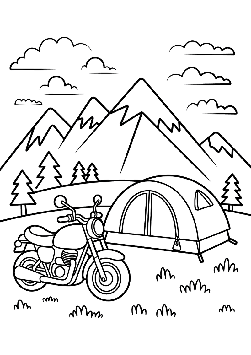 Kleurplaat van een motor geparkeerd naast een tent in een berglandschap met hoge pieken, dennenbosmen en wolken aan de h