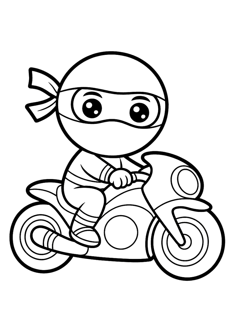 Kleurplaat van een kleine schattige ninja met masker en hoofdband die op een sportmotor rijdt in zijaanzicht