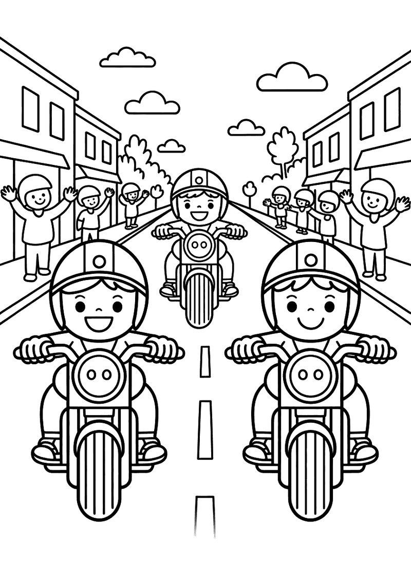 Kleurplaat van drie lachende kinderen op motoren die voorop rijden in een parade door een straat, met toeschouwers die a