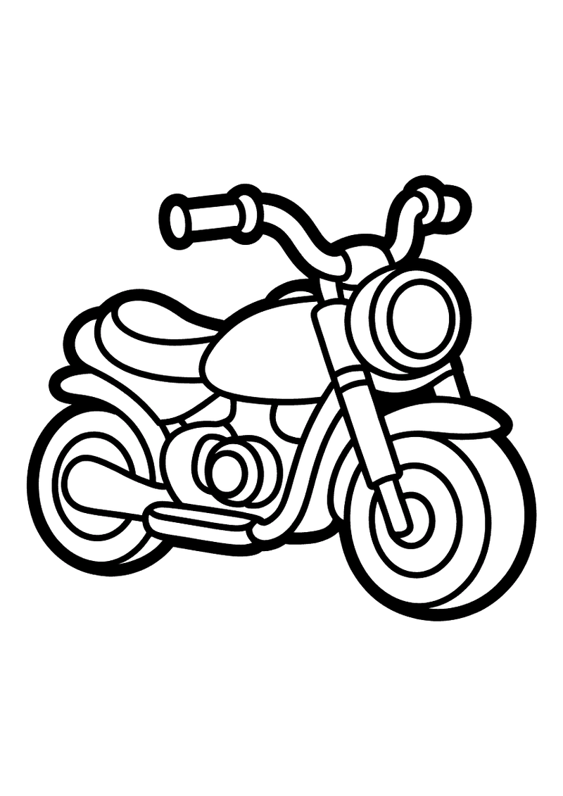 Kleurplaat van een eenvoudige motor met dikke contouren en ronde vormen in zijaanzicht, speciaal geschikt voor peuters e