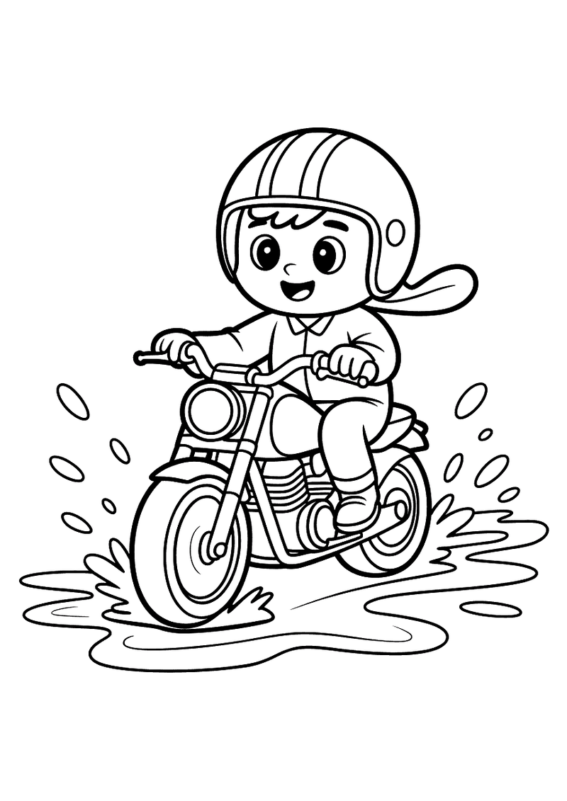 Kleurplaat van een lachend kind met helm op een motor dat door een ondiepe plas rijdt met spatten water rondom de wielen
