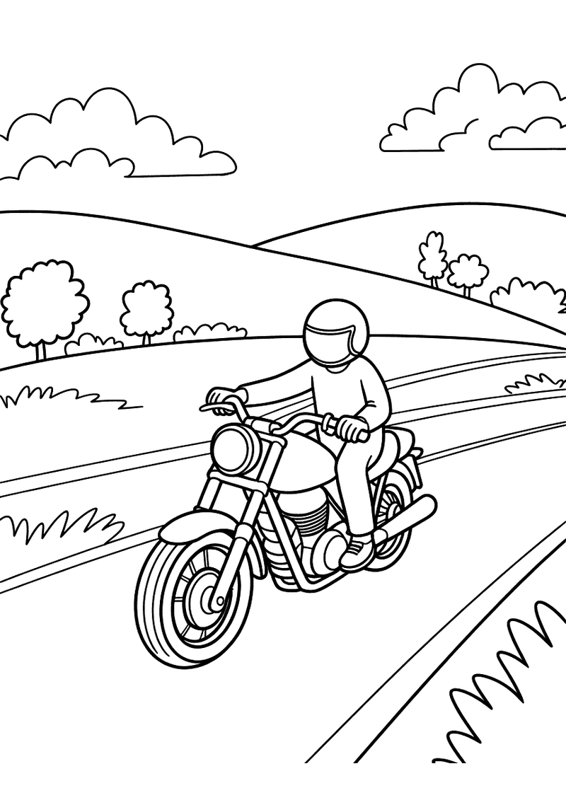 Kleurplaat van een motorrijder met helm die over een landweg rijdt tussen heuvels en bomen op het platteland