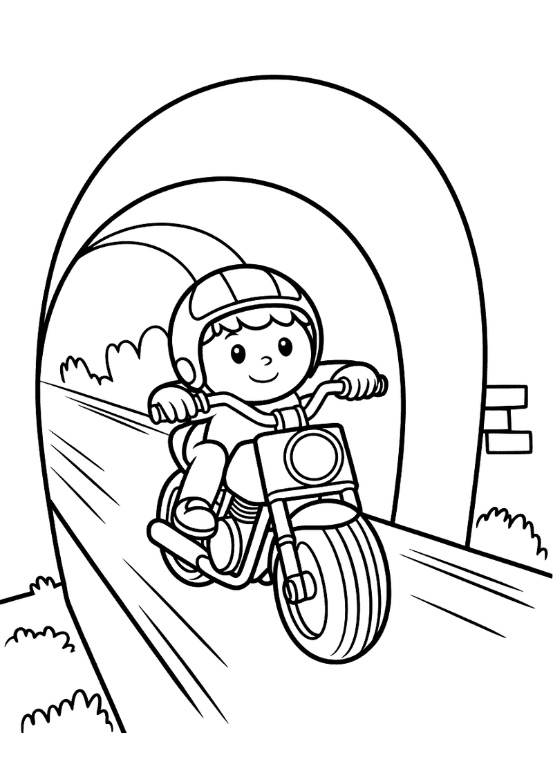 Kleurplaat van een jonge motorrijder met helm die door een grote tunnelboog rijdt, met bomen en wolken buiten
