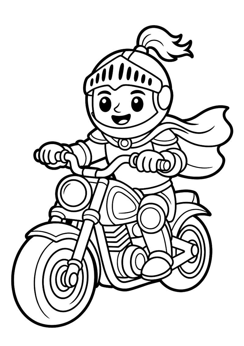 Kleurplaat van een ridder in harnas met helm en wapperende cape die trots op een grote chopper-motor rijdt