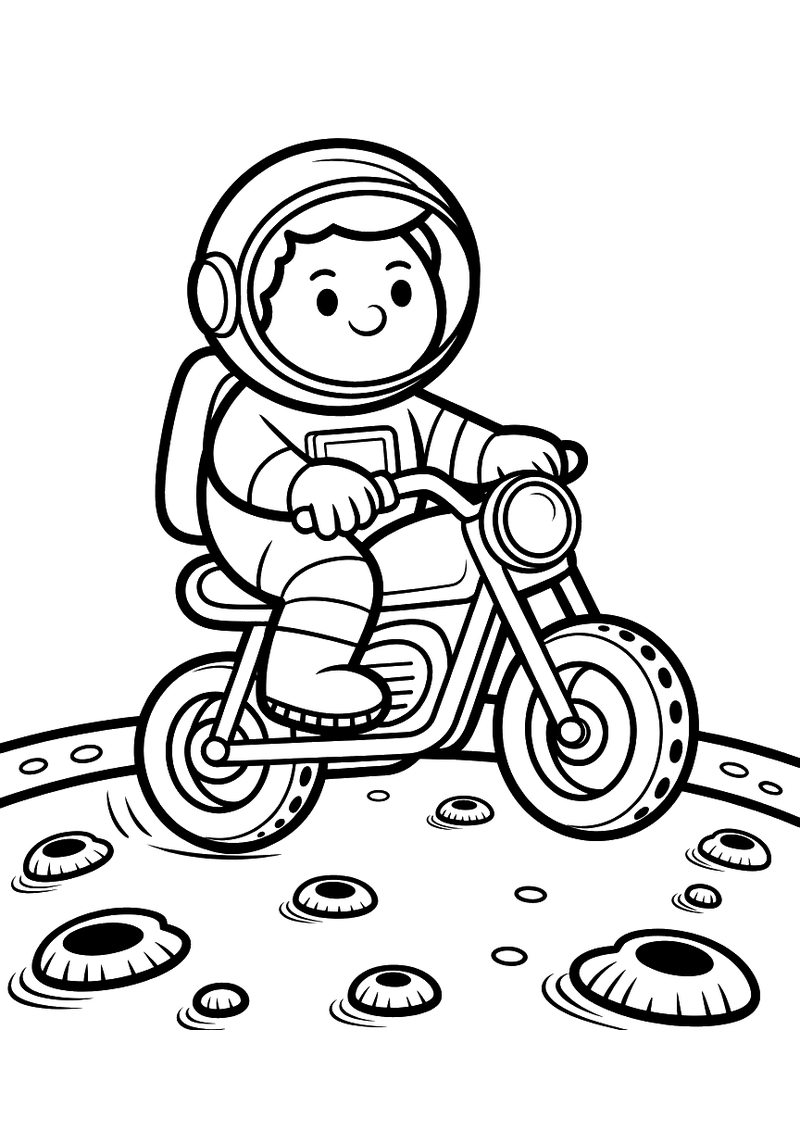 Kleurplaat van een astronaut in ruimtepak die op een motor rijdt over het maanoppervlak met kraters rondom