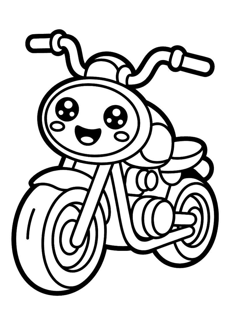 Kleurplaat van een ronde schattige motor met een groot blij gezichtje op de koplamp, dikke wielen en opgetrokken stuur i