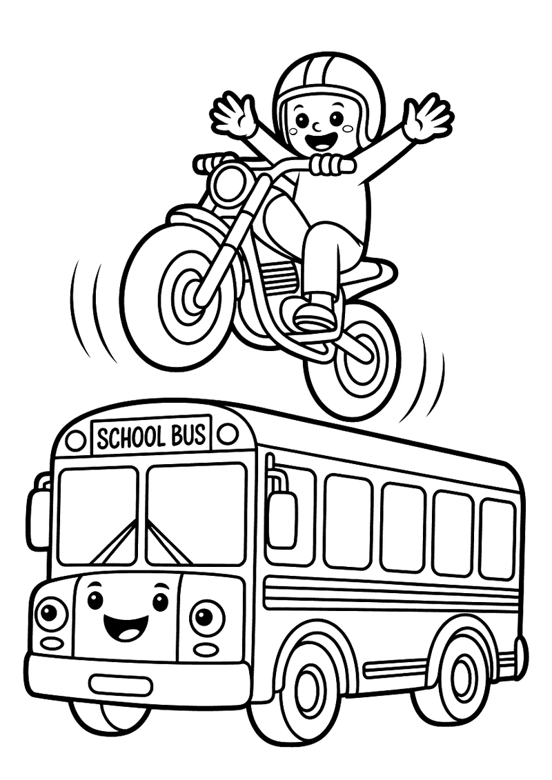 Kleurplaat van een motorrijder met helm die hoog in de lucht springt over een lachende gele schoolbus