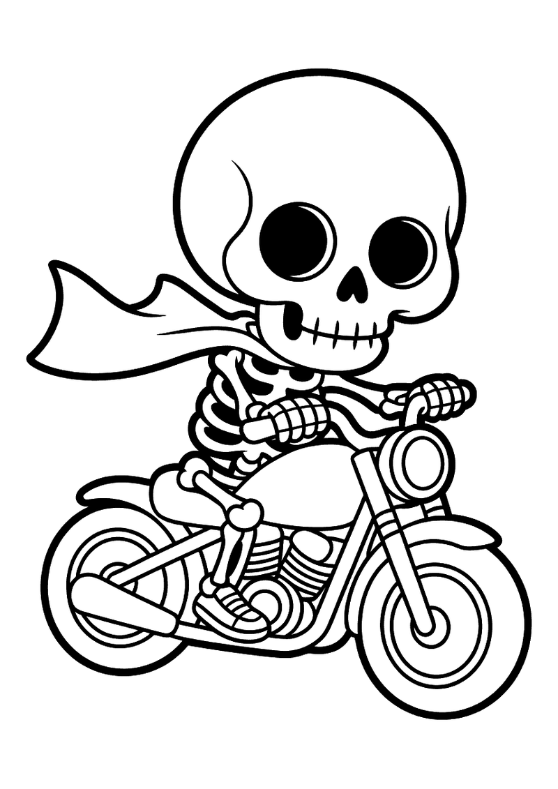 Kleurplaat van een skelet met een wapperende cape dat op een grote chopper-motor rijdt