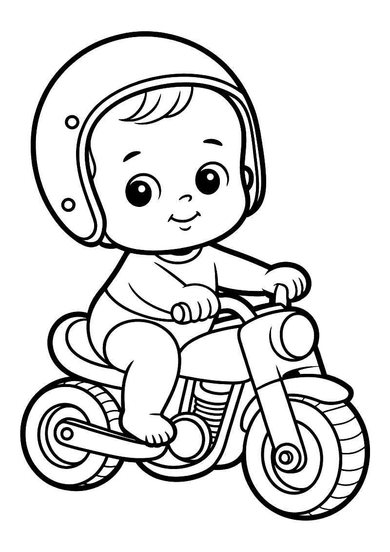 Kleurplaat van een schattige baby met oversized helm die op een kleine speelgoedmotor zit
