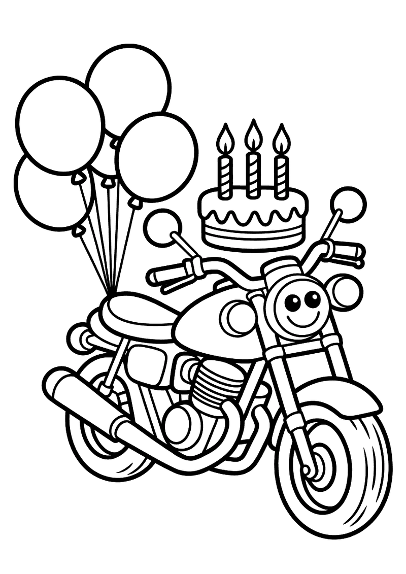 Kleurplaat van een lachende motor versierd met ballonnen en een verjaardagstaart met kaarsen op de tank
