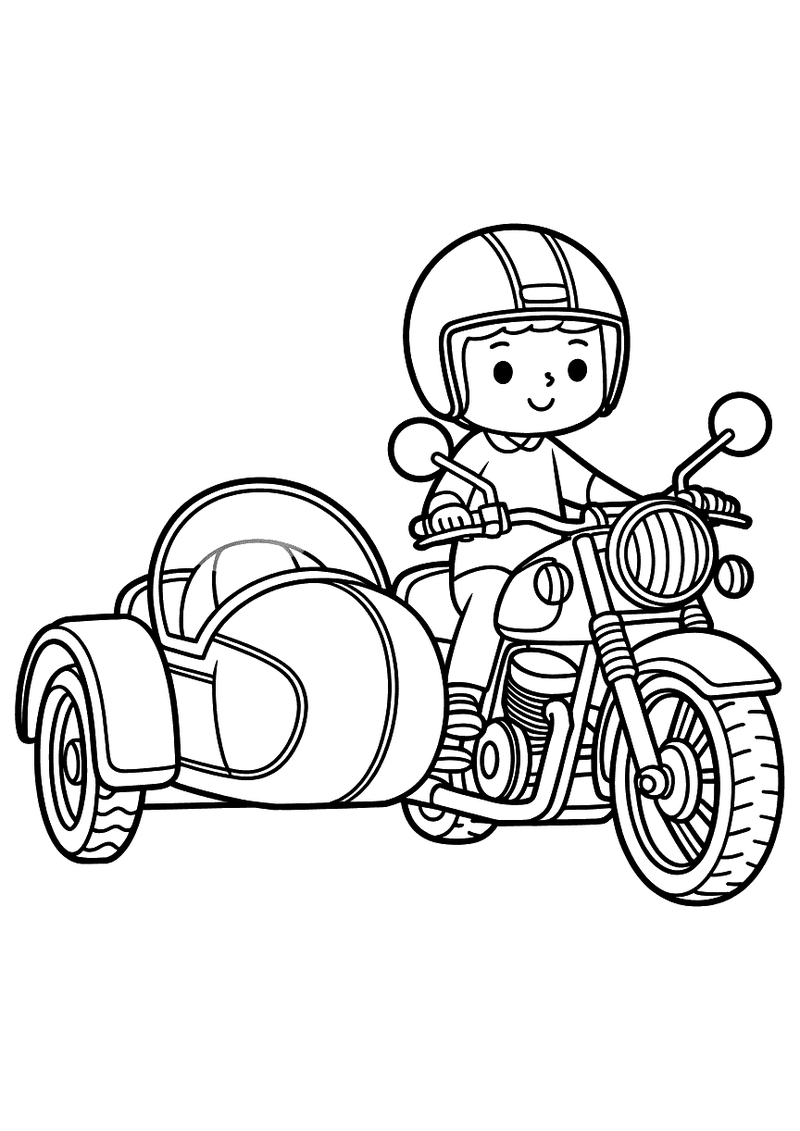 Kleurplaat van een jonge motorrijder met helm op een motor met lege zijspan, klaar voor een avontuurlijke rit