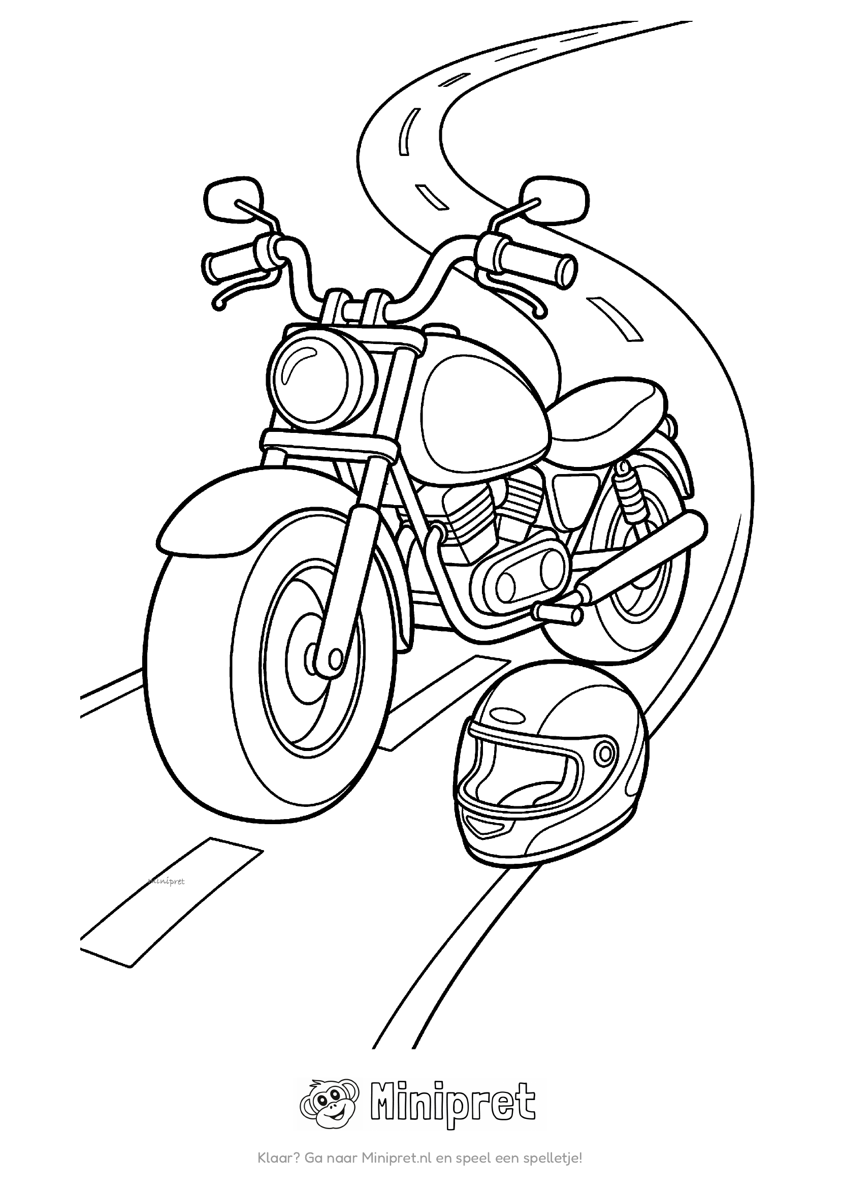 Gedetailleerde motorfiets met grote banden en een integraalhelm ervoor, op een kronkelende weg met witte strepen
