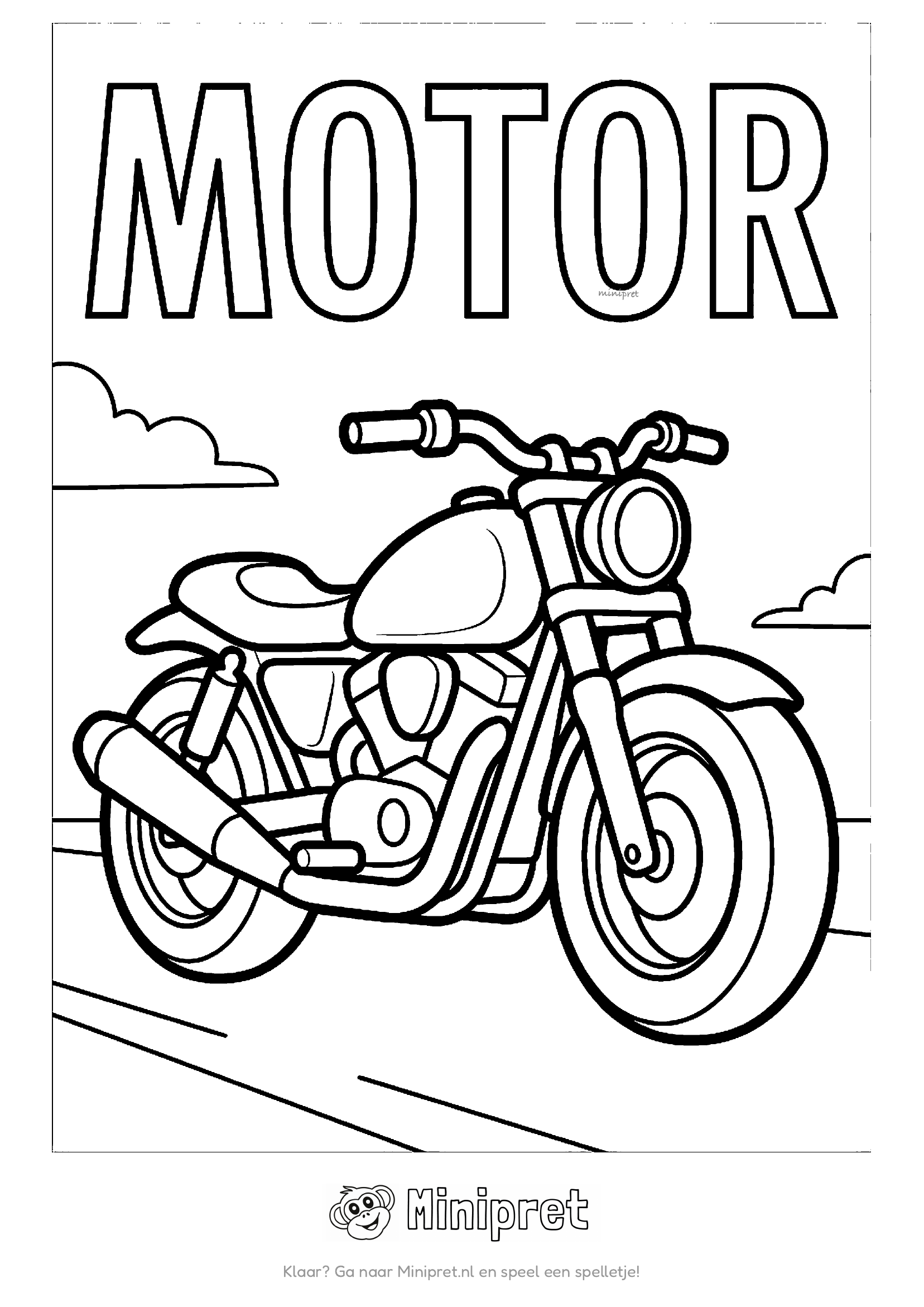 Gedetailleerde motorfiets met grote banden en uitlaat, met het woord MOTOR in dikke holle letters erboven