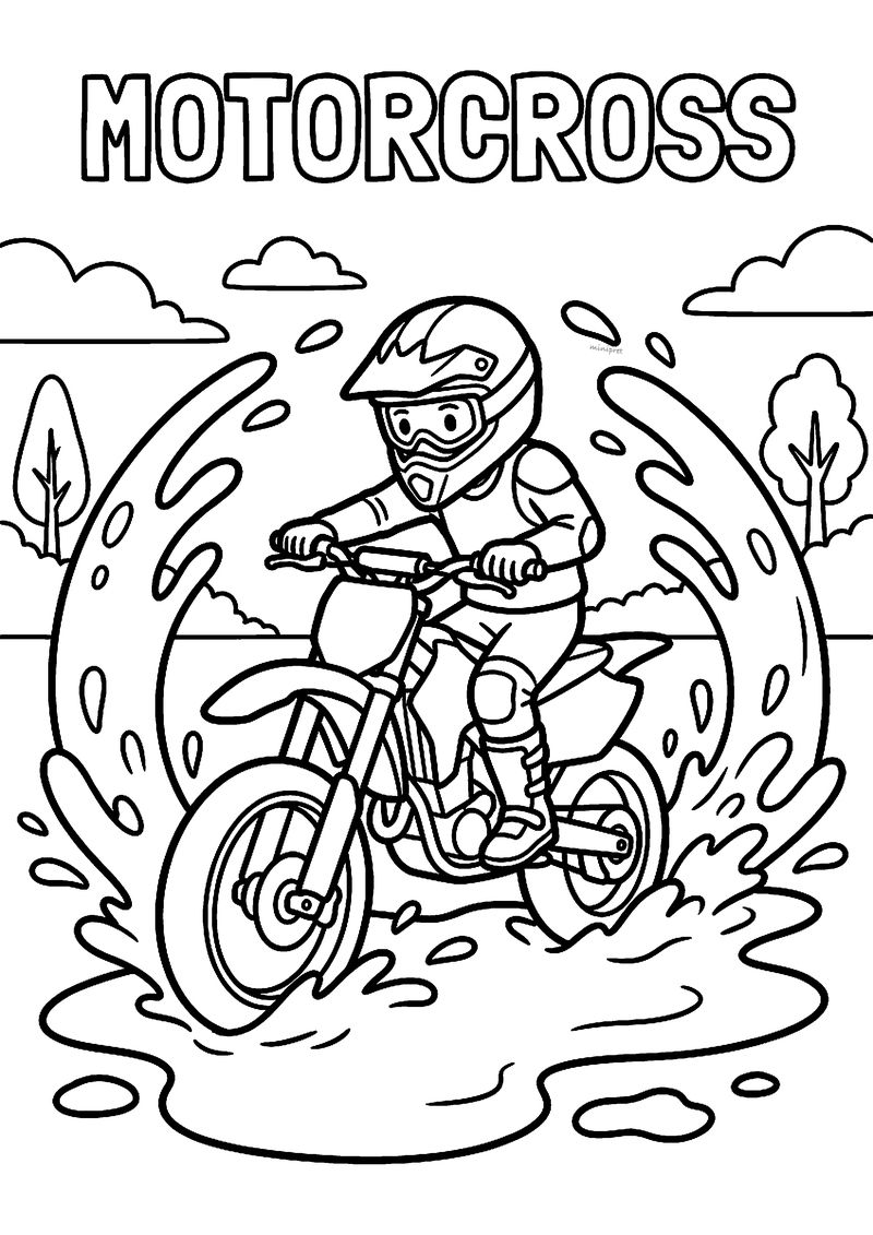 Kleurplaat van een motorcrosser met helm en bril die door een grote modderplas rijdt, met spatten en MOTORCROSS erboven