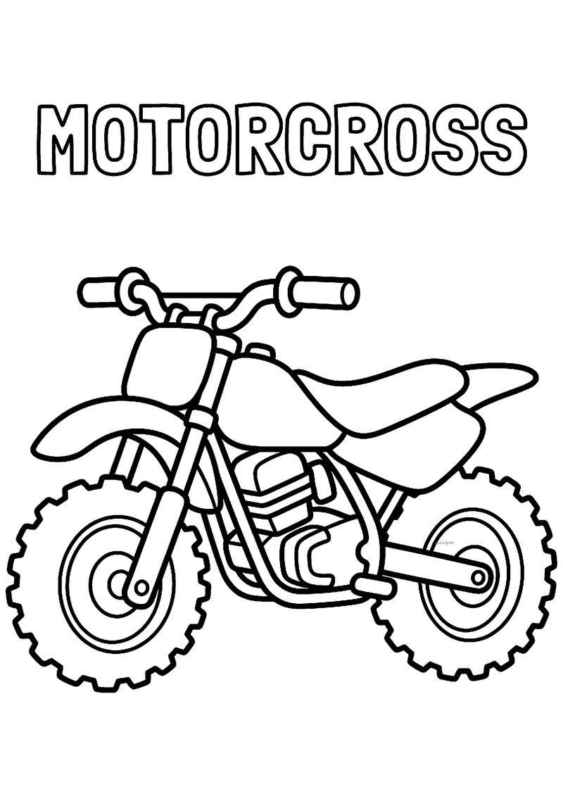 Kleurplaat van een eenvoudige crossmotor van opzij met grove noppenbanden en een hoog stuur, met MOTORCROSS erboven