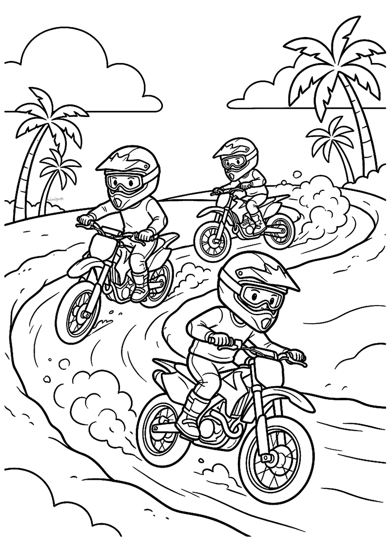 Kleurplaat van drie kinderen op crossmotoren met helm en bril die door een zanderige bocht rijden bij palmbomen