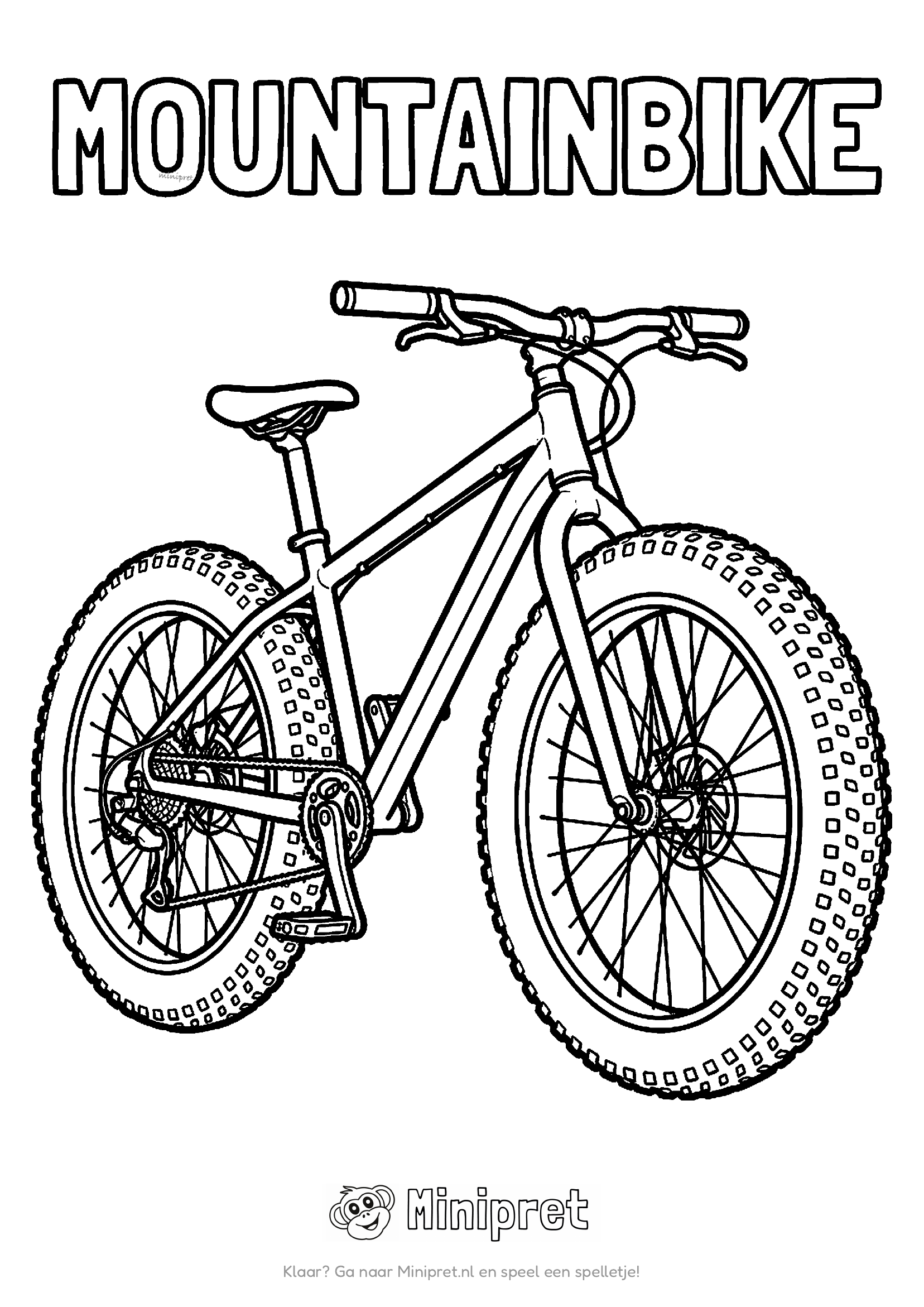 Mountainbike met dikke profielbanden en sportief frame, met het woord MOUNTAINBIKE in dikke letters erboven