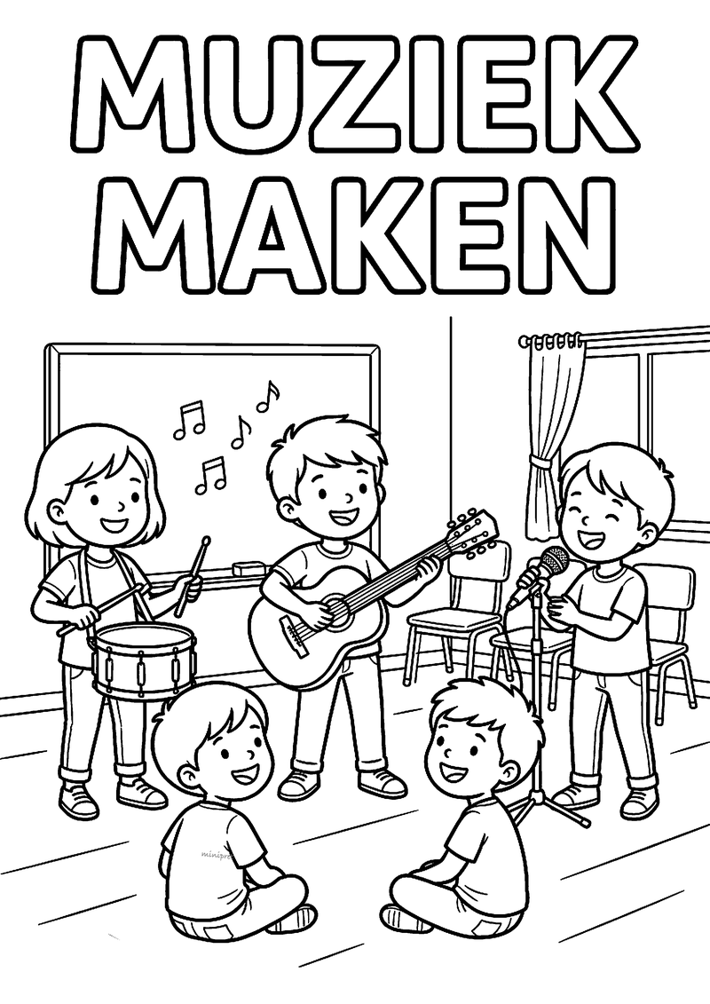 Kleurplaat van kinderen die in de klas muziek maken met trommel, gitaar en microfoon