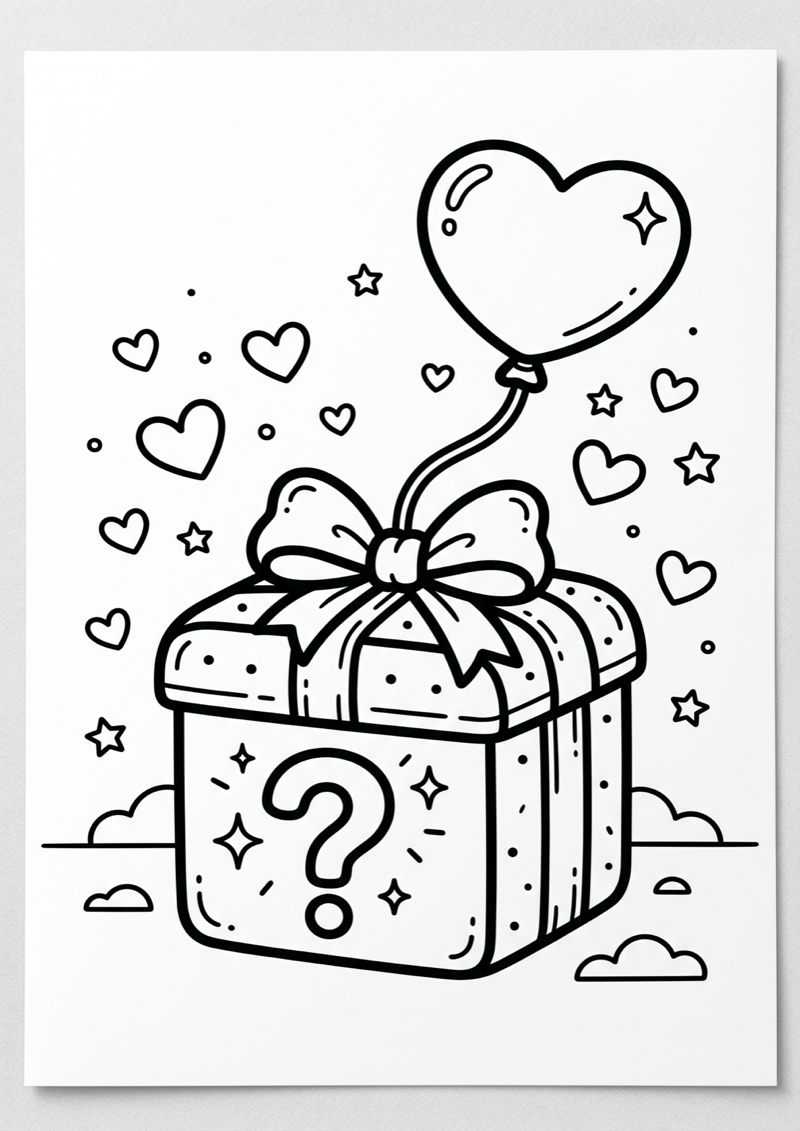 Mystery Box met Ballon Kleurplaat — gratis kleurplaat printen