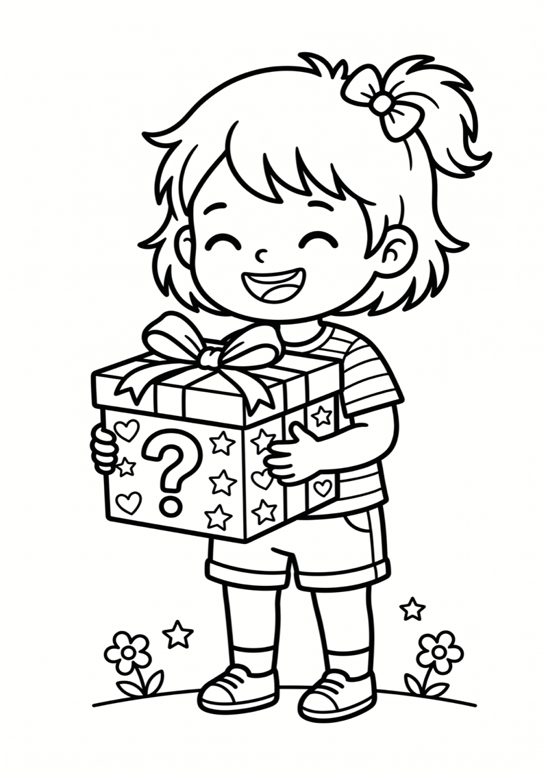 Mystery Box met Kind Kleurplaat — gratis kleurplaat printen