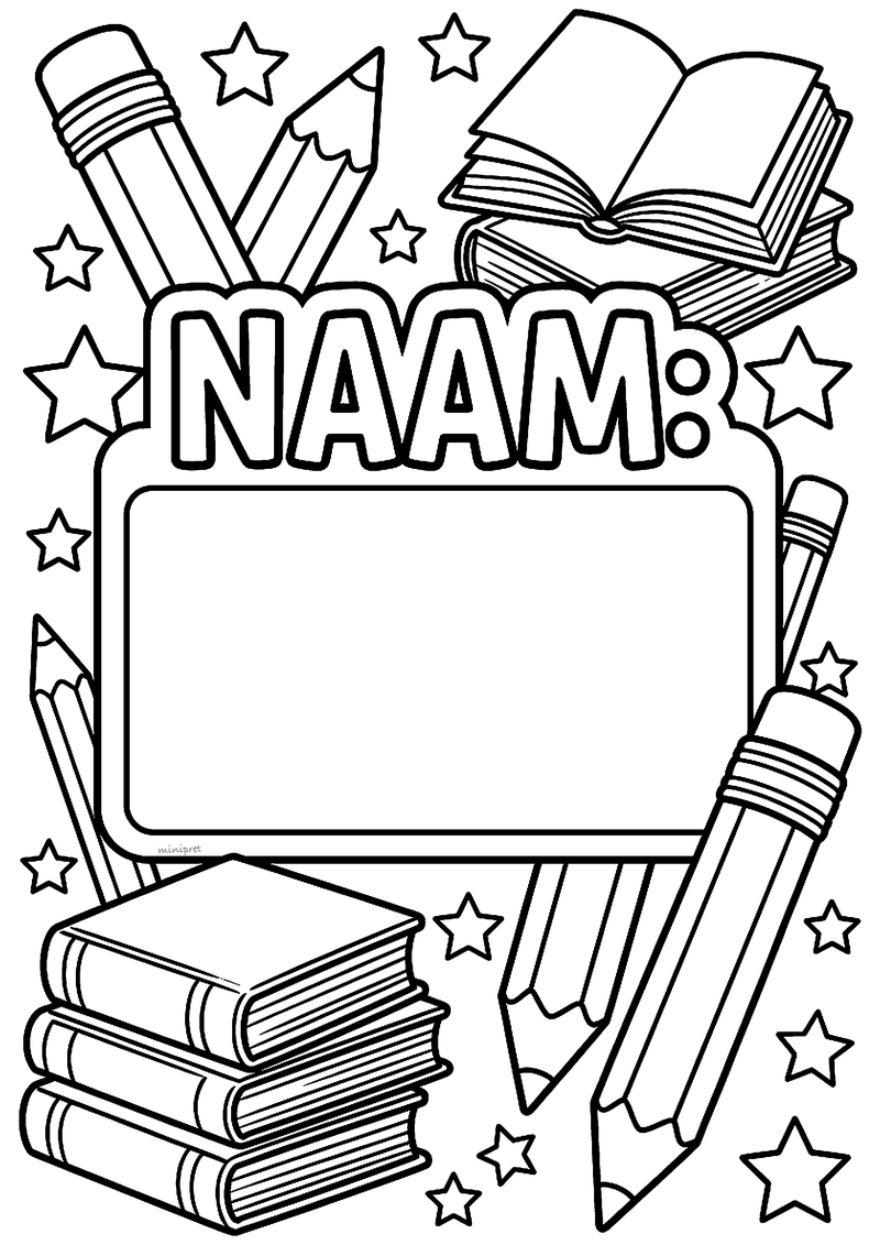 Kleurplaat naamlabel met de tekst Naam:, een leeg vak, potloden, stapels boeken en sterren