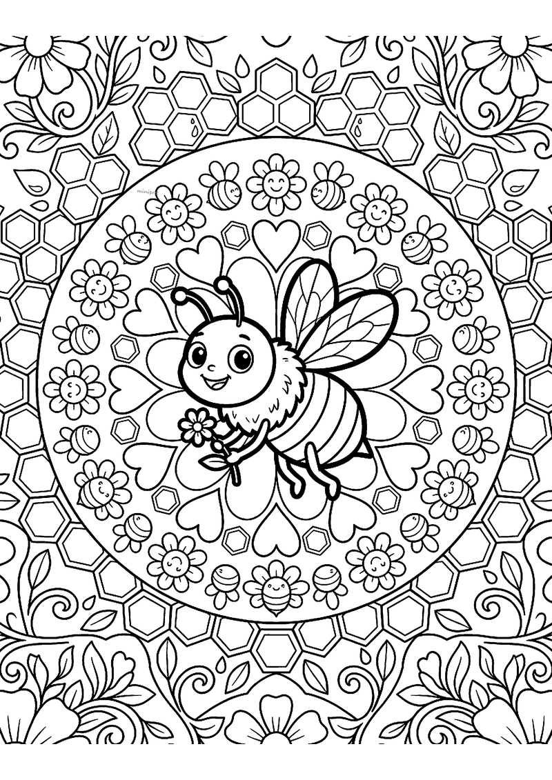 Kleurplaat van een mandala met een bij met een bloem in het midden, een ring van bloemetjes en bijtjes en honingraat