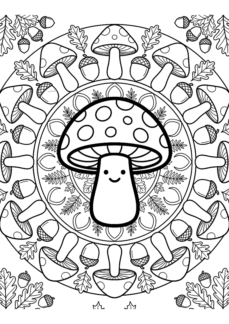 Kleurplaat van een mandala met een lachende gestippelde paddenstoel in het midden, omringd door paddenstoelen en eikels