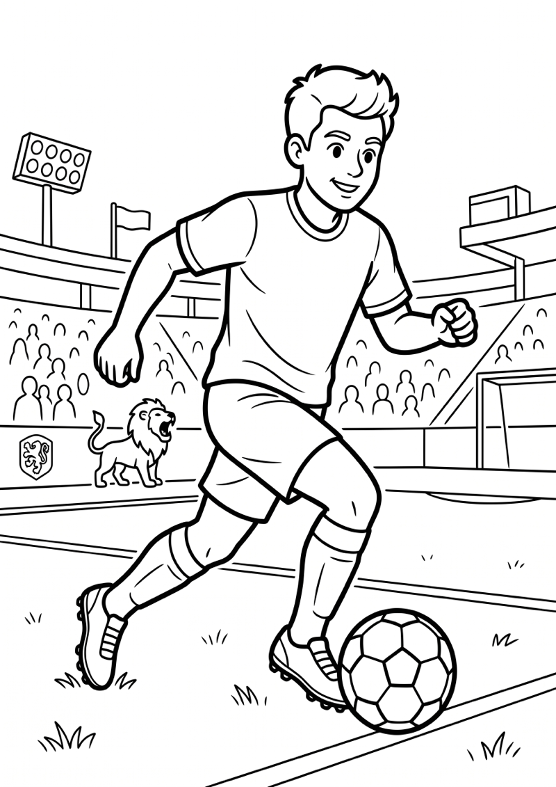 Nederlandse Speler met Bal en Leeuw Vibe Kleurplaat — gratis kleurplaat printen