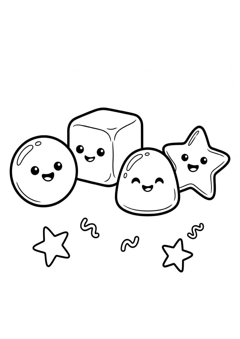 Needoh Vier Squishies Groepje Kleurplaat — gratis kleurplaat