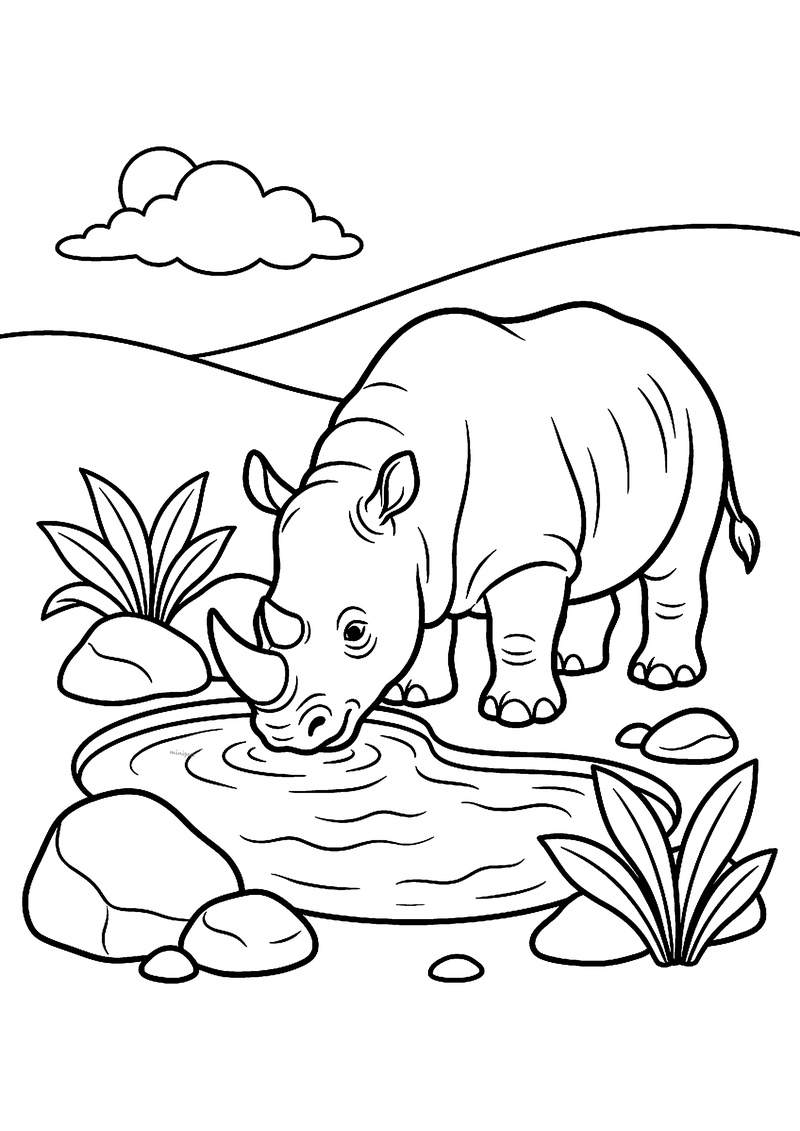 Kleurplaat van een neushoorn die zijn kop buigt om te drinken uit een waterpoel tussen stenen en planten
