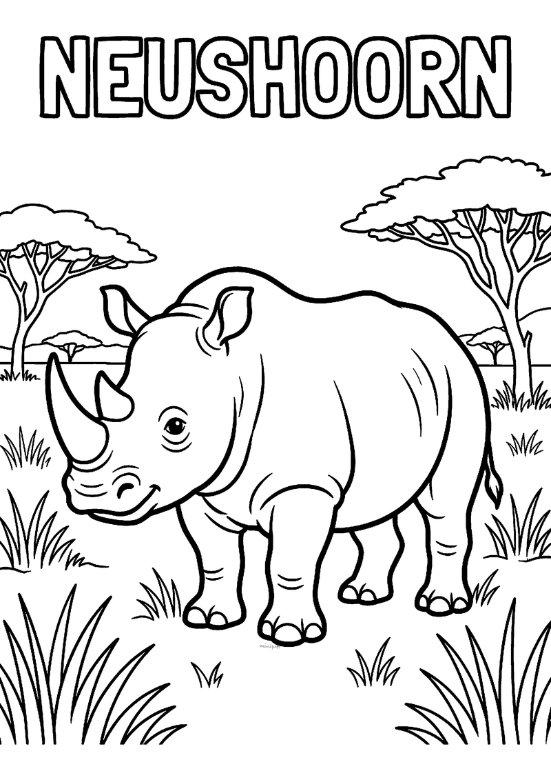 Kleurplaat van een neushoorn met twee hoorns in het hoge gras met acaciabomen