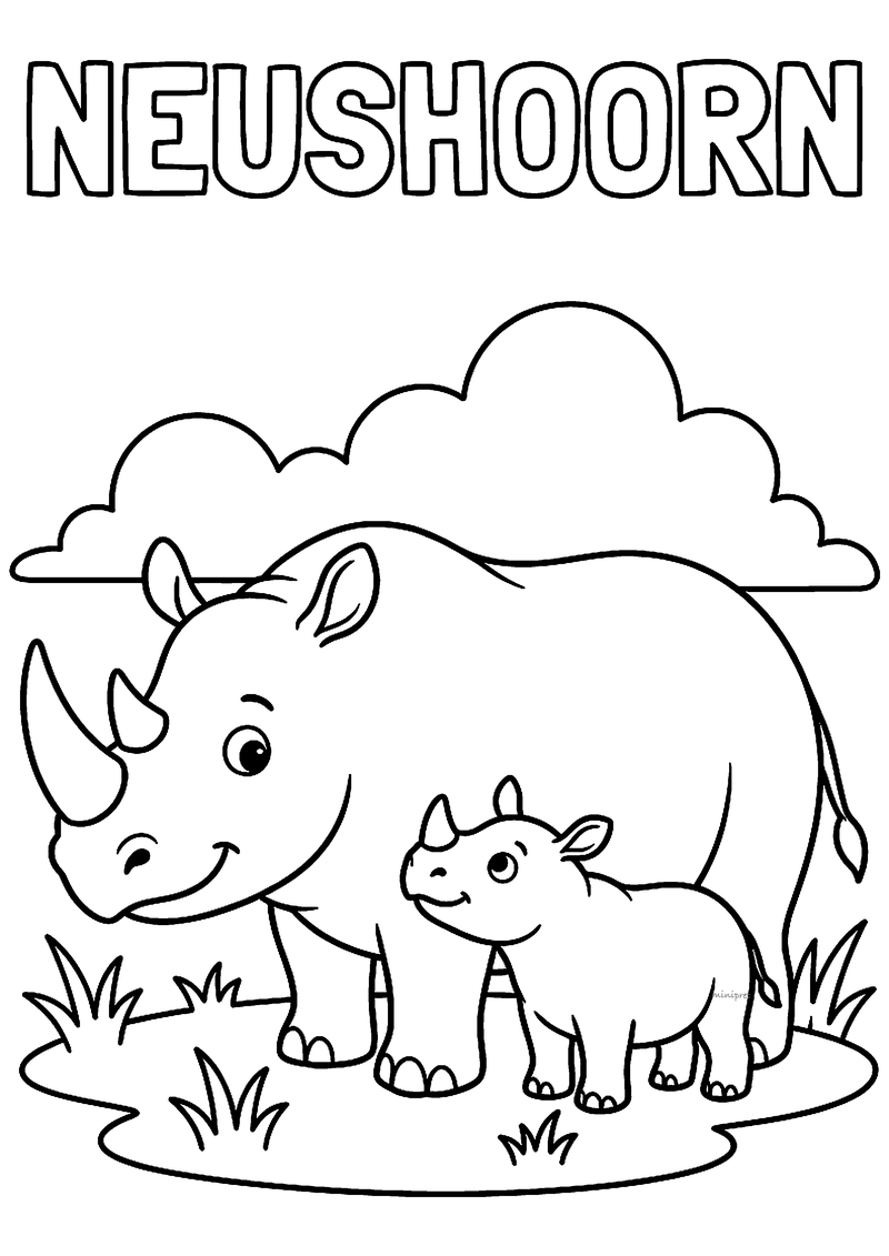 Kleurplaat van een neushoorn moeder met twee hoorns en haar kalfje op een grasveldje, met NEUSHOORN erboven