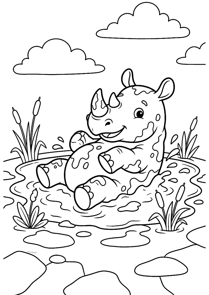 Kleurplaat van een vrolijke neushoorn die op zijn rug in een modderpoel ligt te spetteren tussen lisdodden