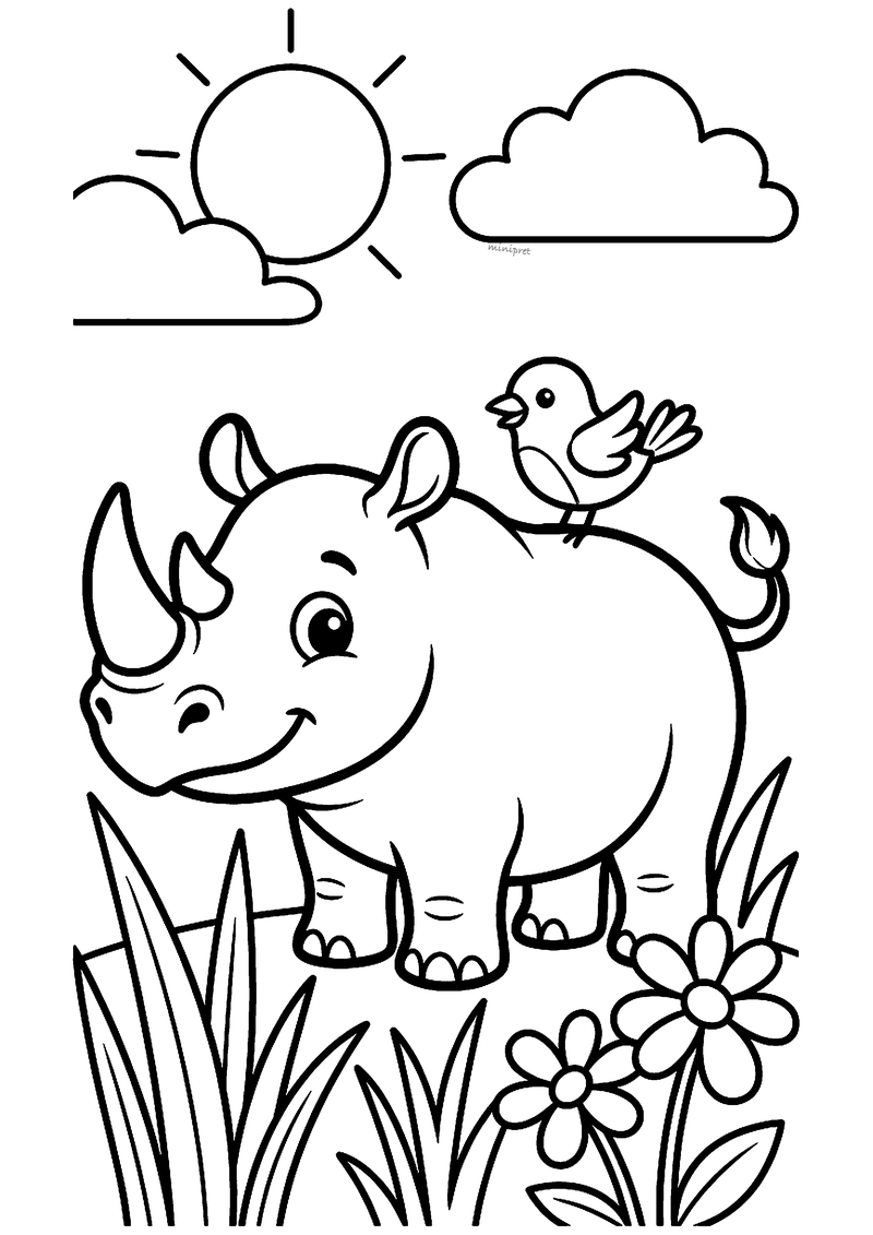 Kleurplaat van een lachende neushoorn met een klein vogeltje op zijn rug, in het gras met bloemen onder de zon