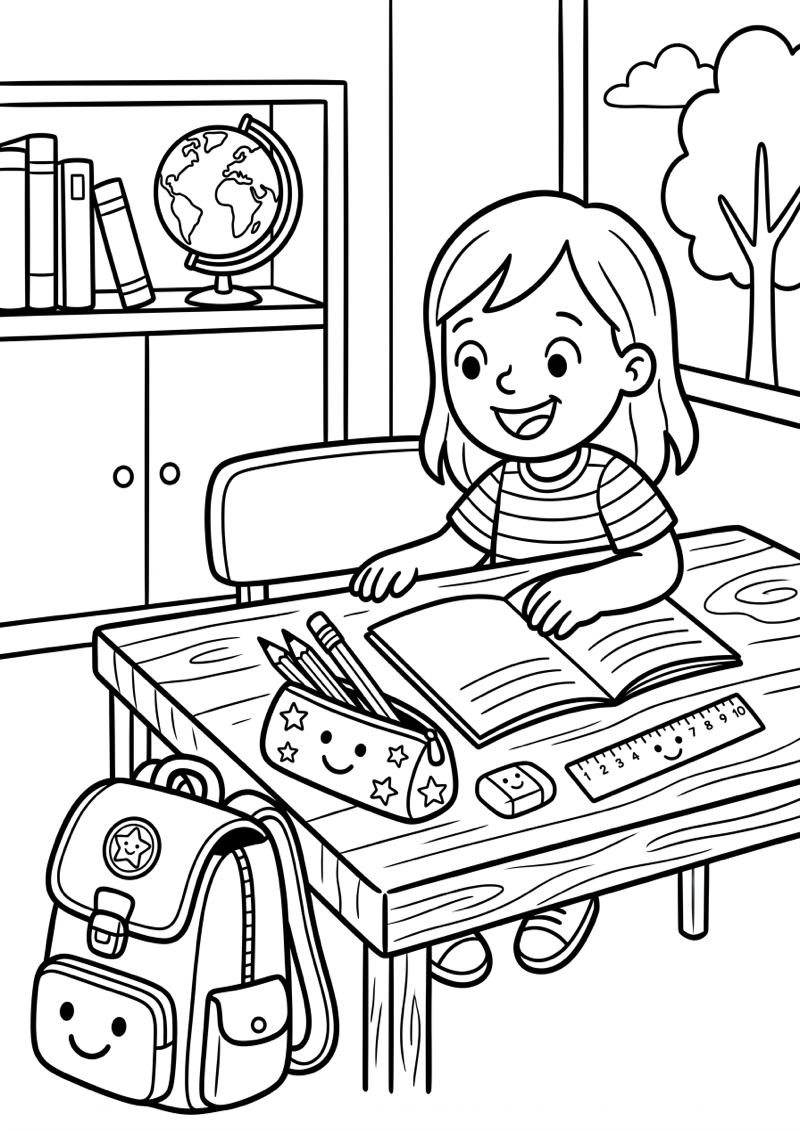 Nieuwe Schoolspullen op Tafel Kleurplaat — gratis kleurplaat printen