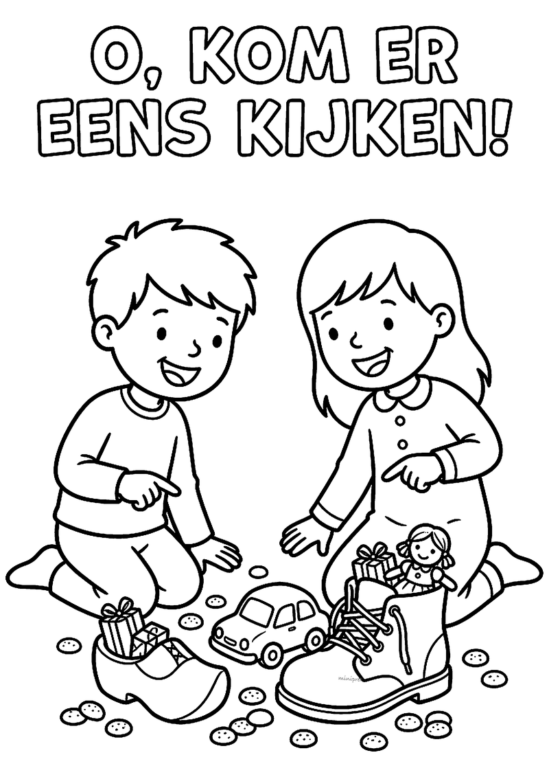 Kleurplaat van twee kinderen bij een klomp en een schoen vol cadeautjes en pepernoten, tekst O, KOM ER EENS KIJKEN!