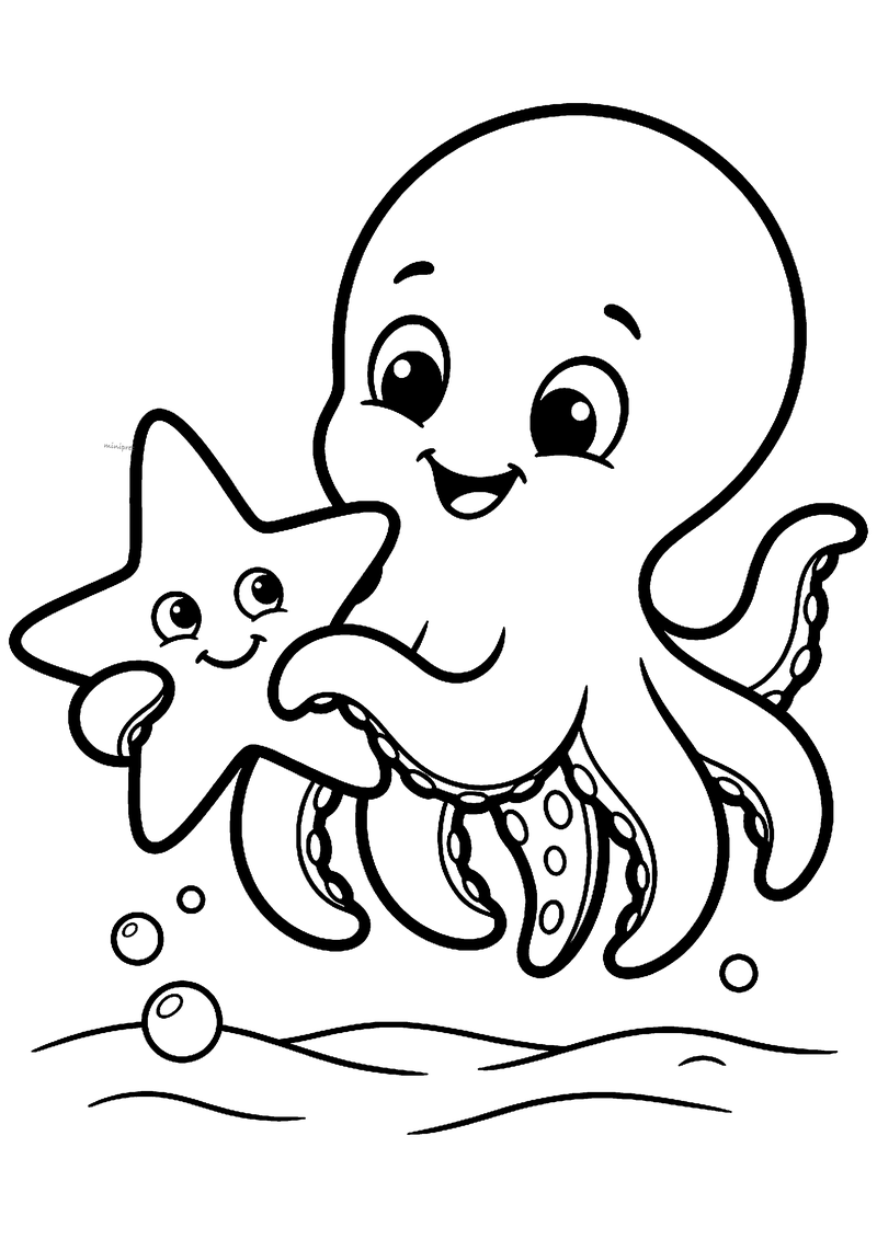 Kleurplaat van een lachende baby octopus die een vrolijke zeester vasthoudt met een van zijn tentakels
