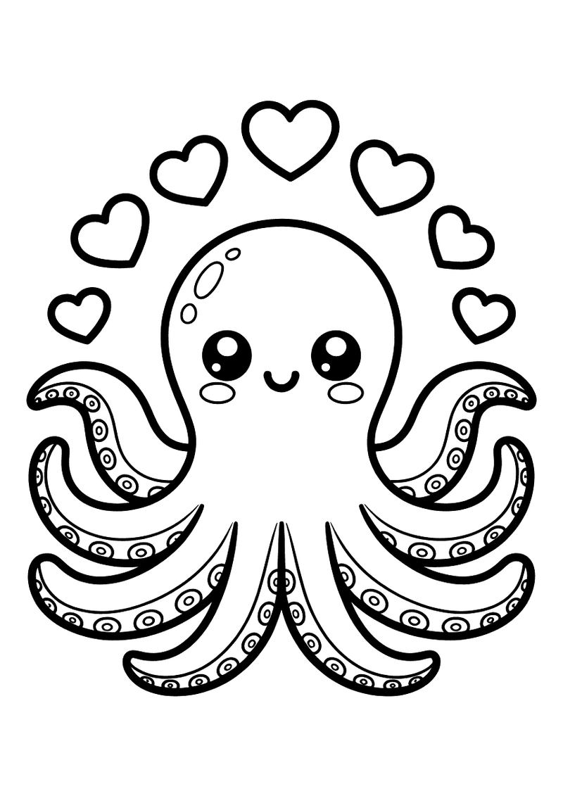 Kleurplaat van een kawaii octopus met grote ogen en zes tentakels met zuignappen, omringd door zes hartjes in een boog.