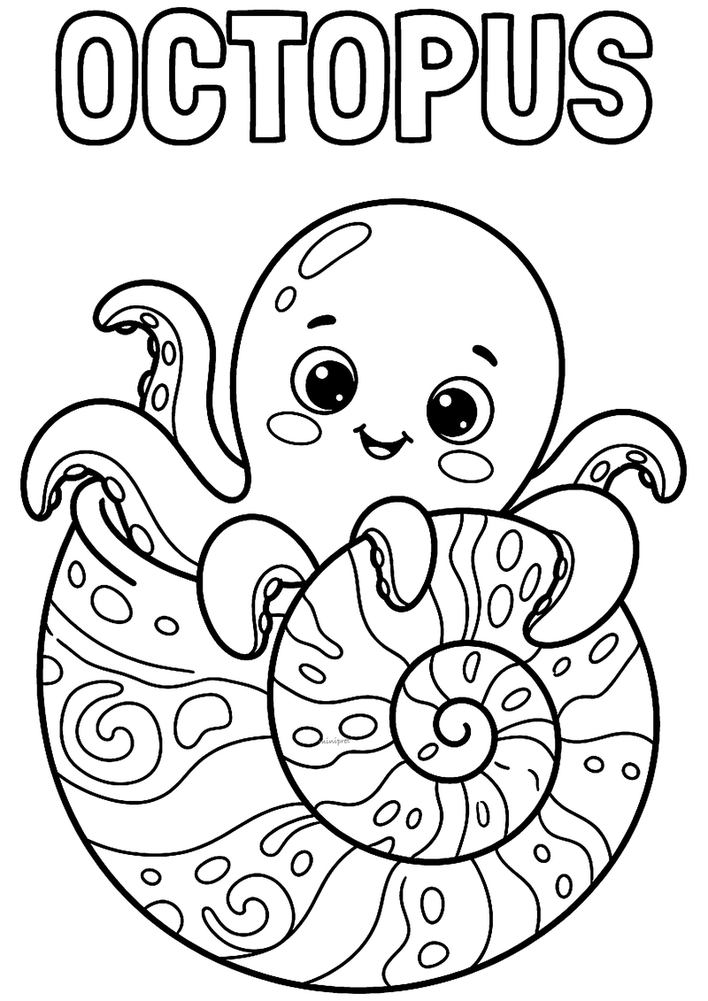 Kleurplaat van een lieve octopus met blosjes die uit een grote gedecoreerde spiraalschelp gluurt, met OCTOPUS erboven
