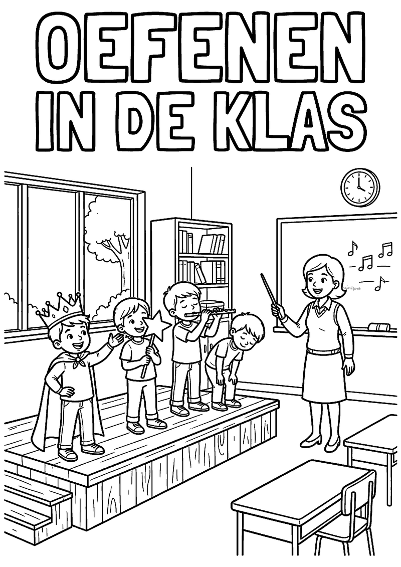 Kleurplaat van vier kinderen die op een podium in de klas oefenen terwijl de juf met een stokje dirigeert