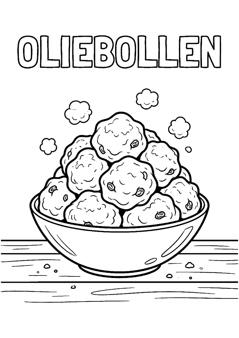 Kleurplaat van OLIEBOLLEN titel boven een schaal vol stapel rondvormige oliebollen met rozijnen op een houten tafel.