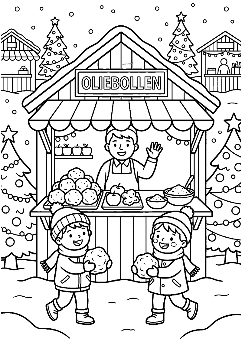 Kleurplaat van een OLIEBOLLEN-kraam op de kerstmarkt met verkoper, twee kinderen met oliebollen en kerstbomen.