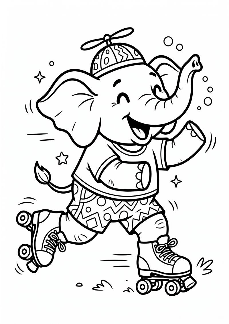 Olifant op Rollerskates Kleurplaat — gratis kleurplaat printen